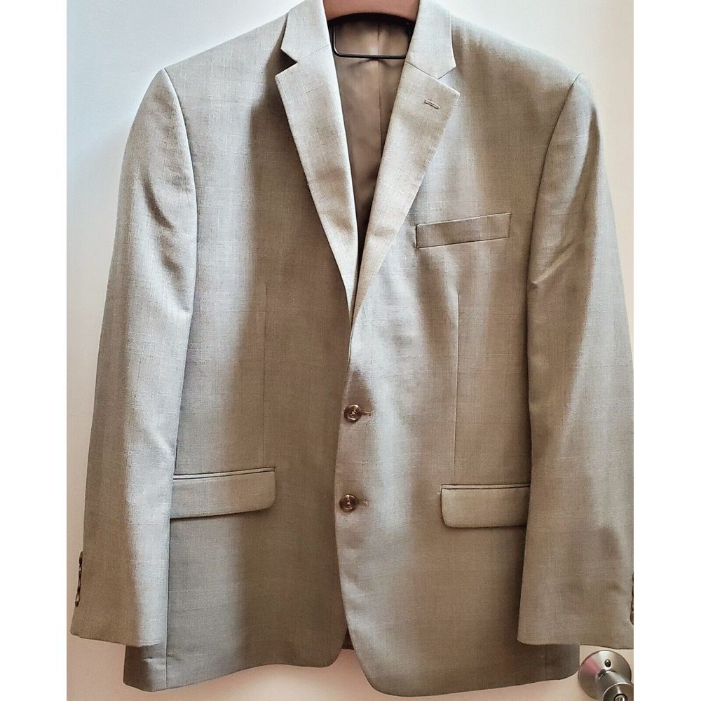 CHAPS Blazer Sport Coat 46R Classic Plaid Taupe & Black Blend Poly/Rayon Lined